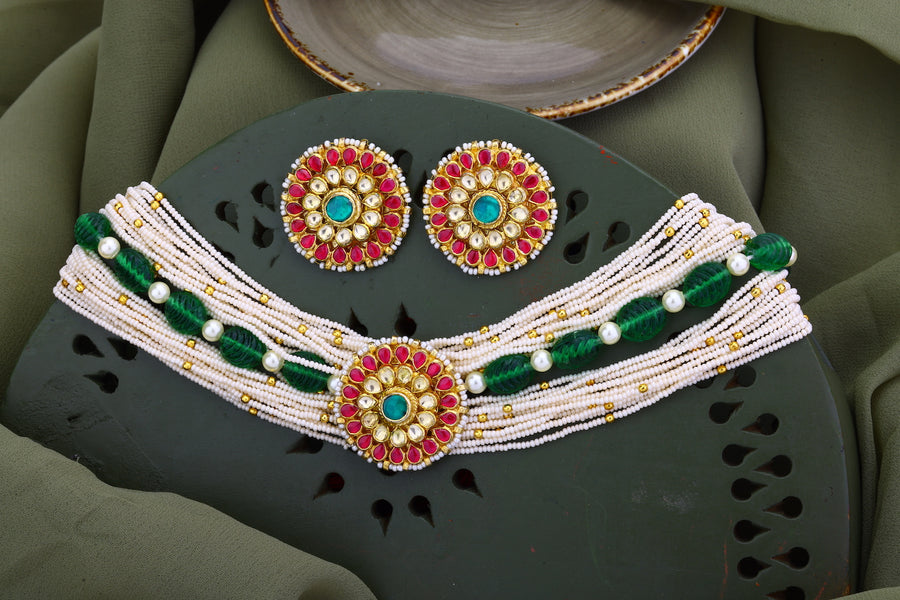 Pink And Green Jadau Kundan Choker