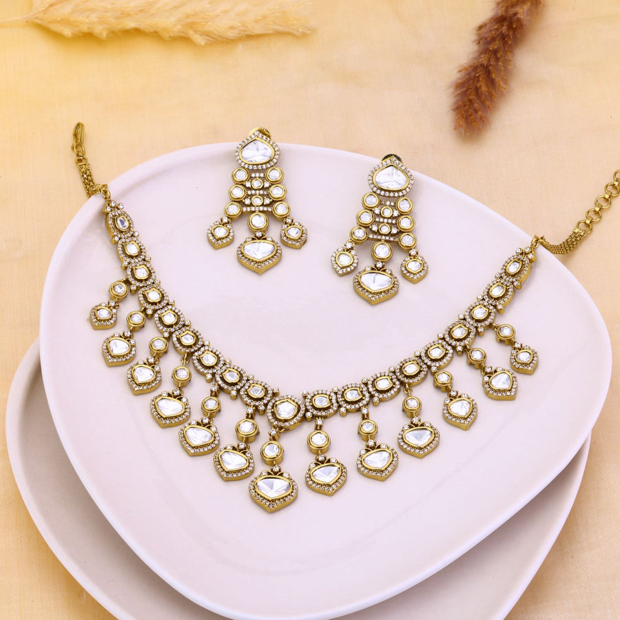 Antique Uncut Moissanite Necklace With Medium Size Earrings