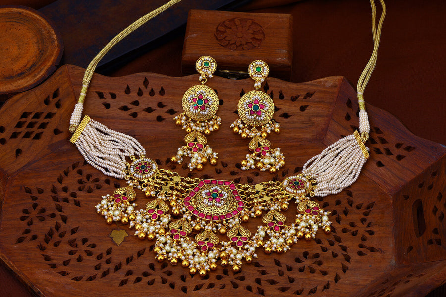 Golden Antique Multi Colour Kanika Choker Set