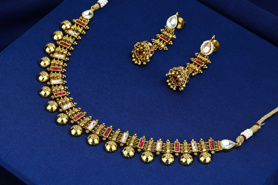 White And Pink Jadau Kundan Antique Necklace Set