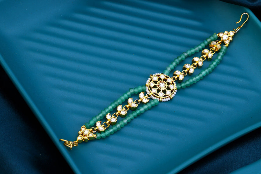 Green Beads Minimal Jadau Kundan Bracelet