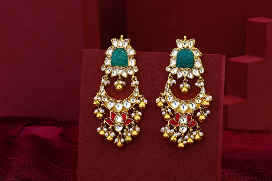 Bottle Green Stone Jadau Kundan Earrings