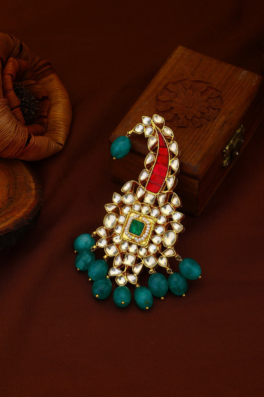 Pink And White Jadau Kundan Kalgi With Green Stone And Green Hangings