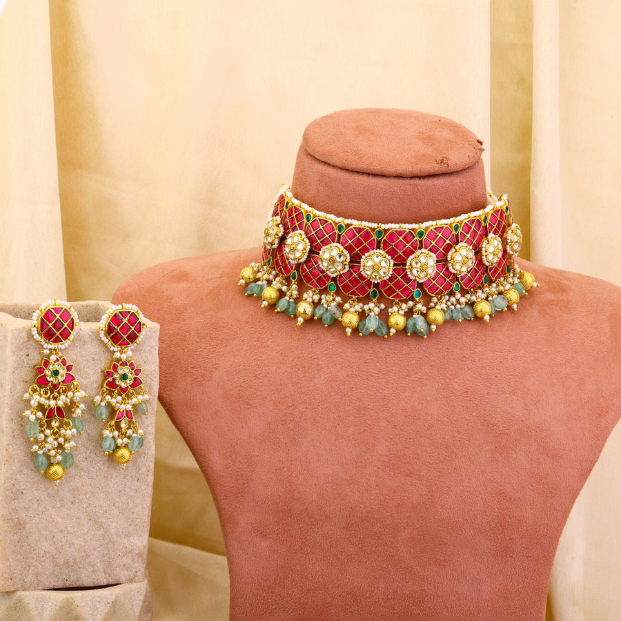 Pink Jadau Kundan Chocker With Green And Golden Hangings And Beautiful Sleek Earrings