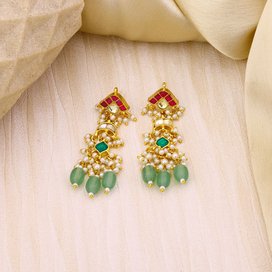 Multicolour Minimal Jadau Kundan Earrings With Green Hangings