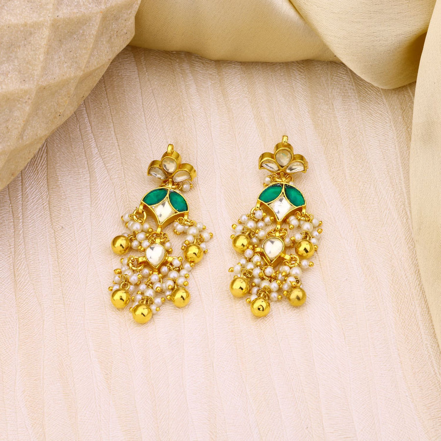 Green And White Jadau Kundan Earrings With Golden Ball Hangings