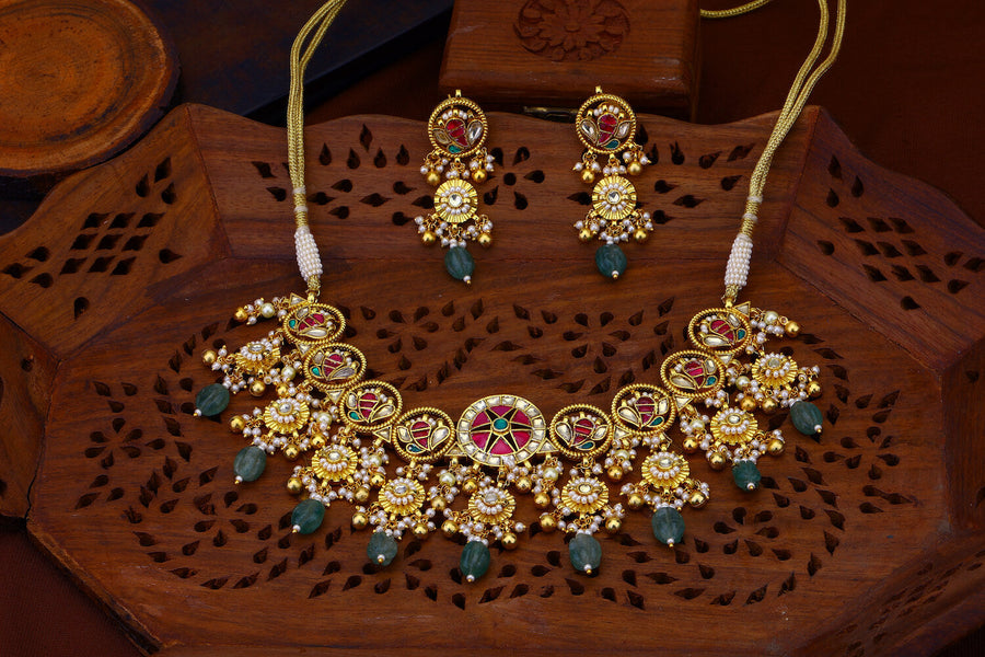 Golden Antique Multi Colour Kanika Choker Set