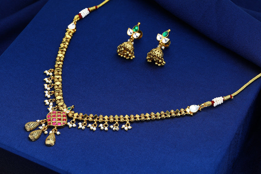 Green And Pink Delicate Jadau Kundan Antique Necklace Set