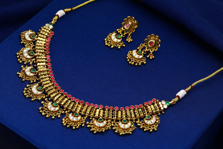 Multi Colour Polish Jadau Kundan Antique Necklace Set