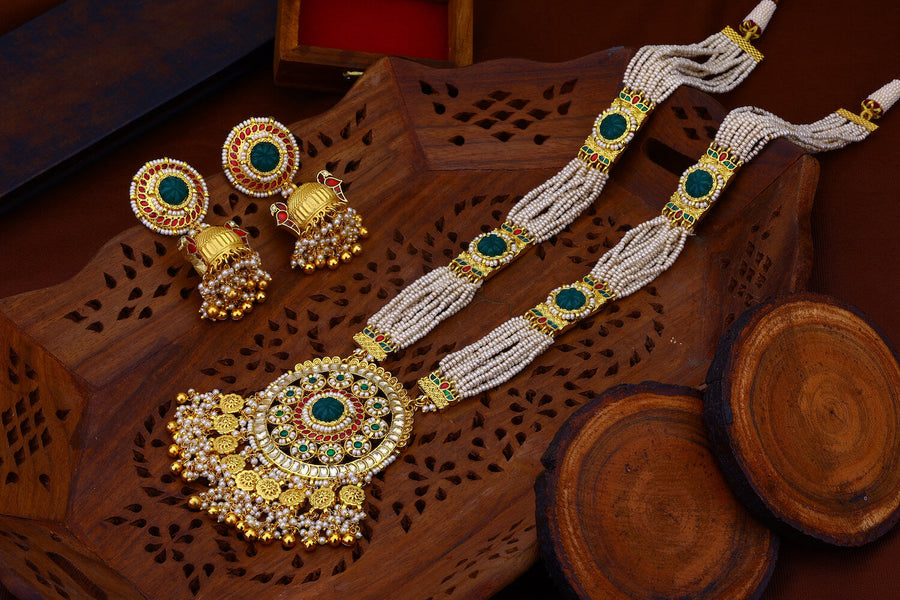 Green Stone Jadau Kundan Long Set