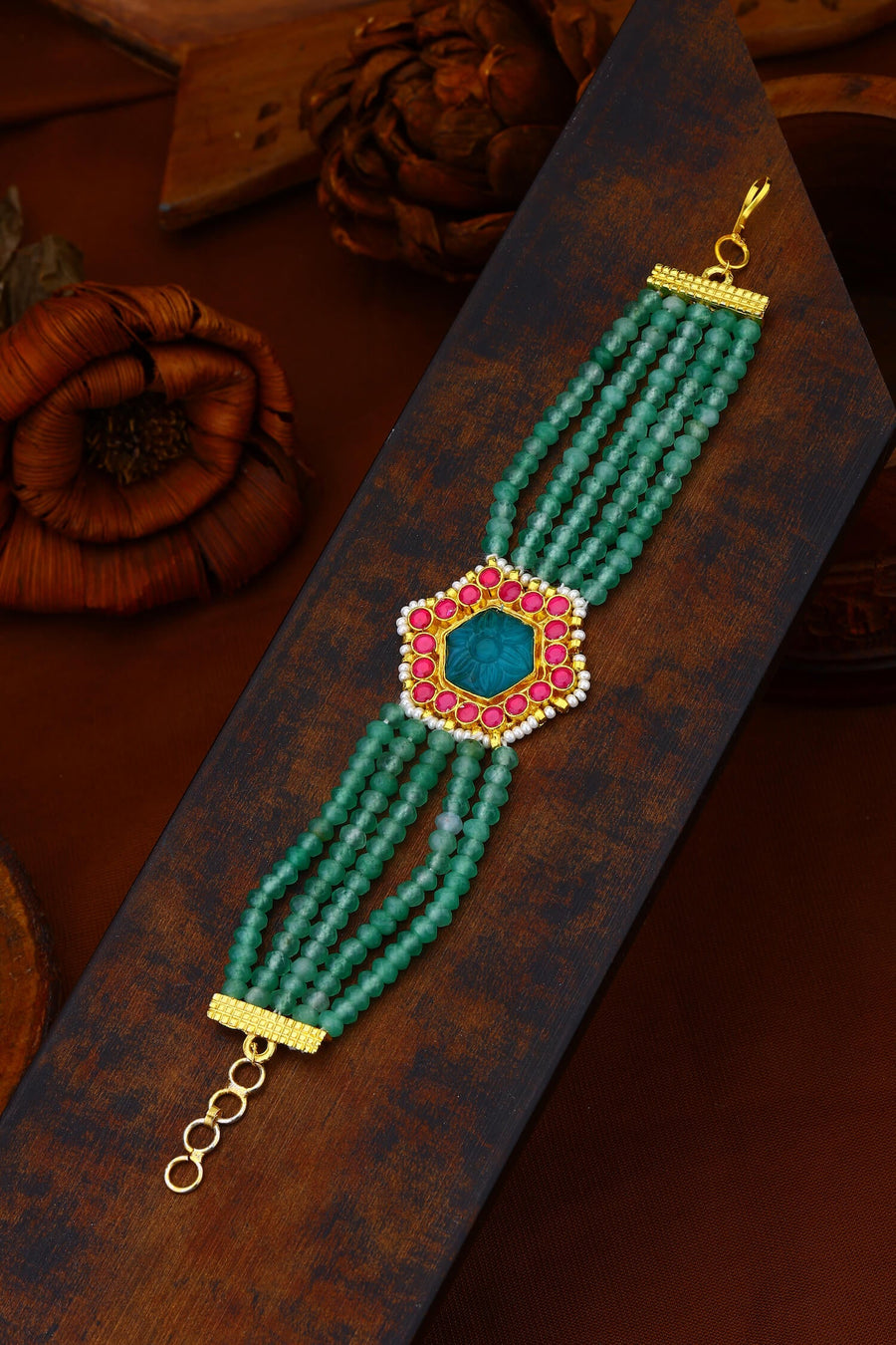 Green And Pink Jadau Kundan Bracelet