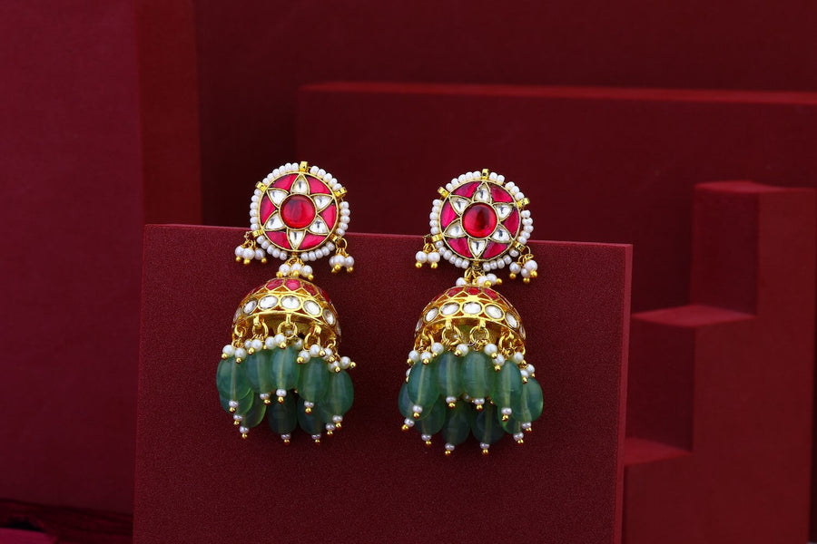 Green And Pink Jadau Kundan Earrings Jumkha