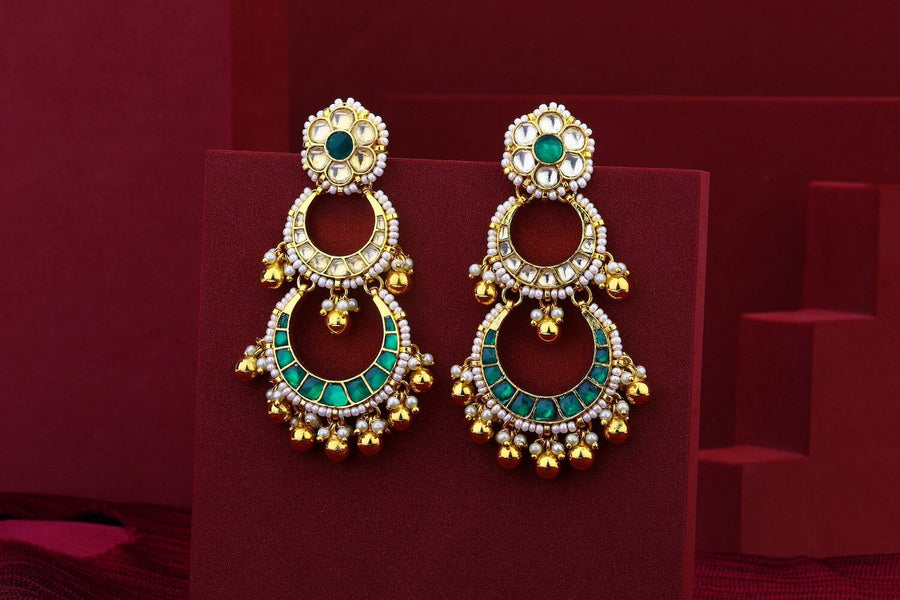 White And Green Chand Jadau Kundan Earrings