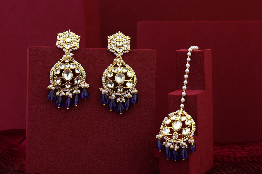 Purple Jadau Kundan Earring With Tika